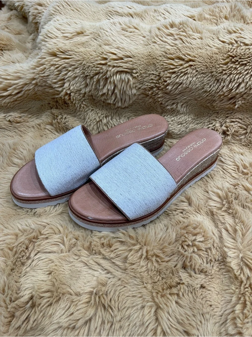 Andre Assous Beige Fabric Slide Wedges